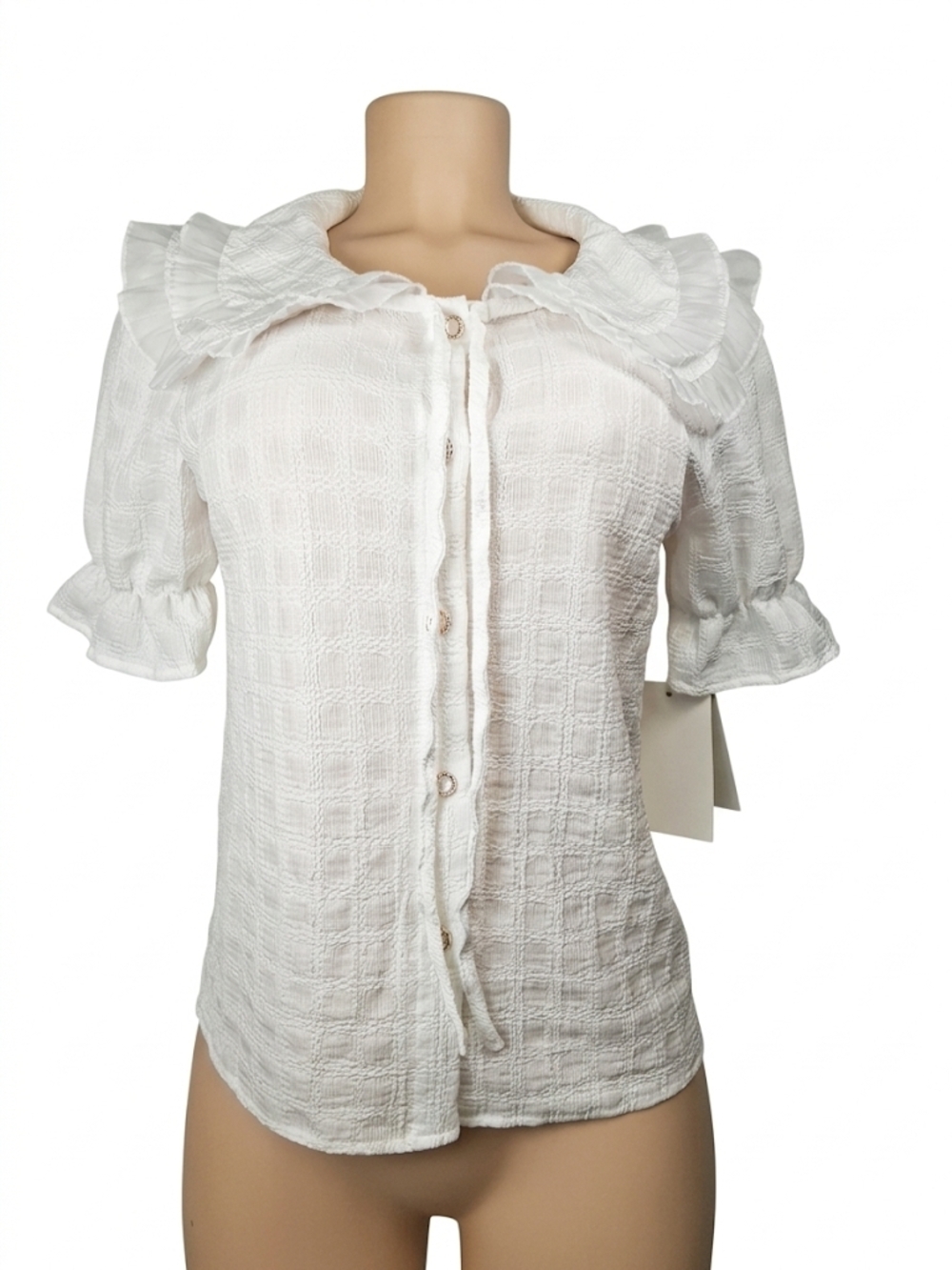 Cocoblue New Women's White Ruffled Collar Button-Front Top - Picture 1 of 15